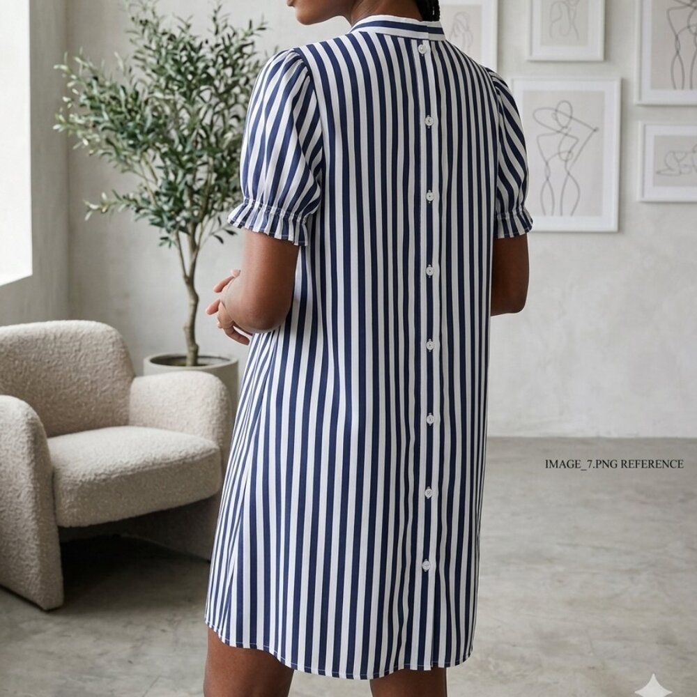 Navy and white shift dress